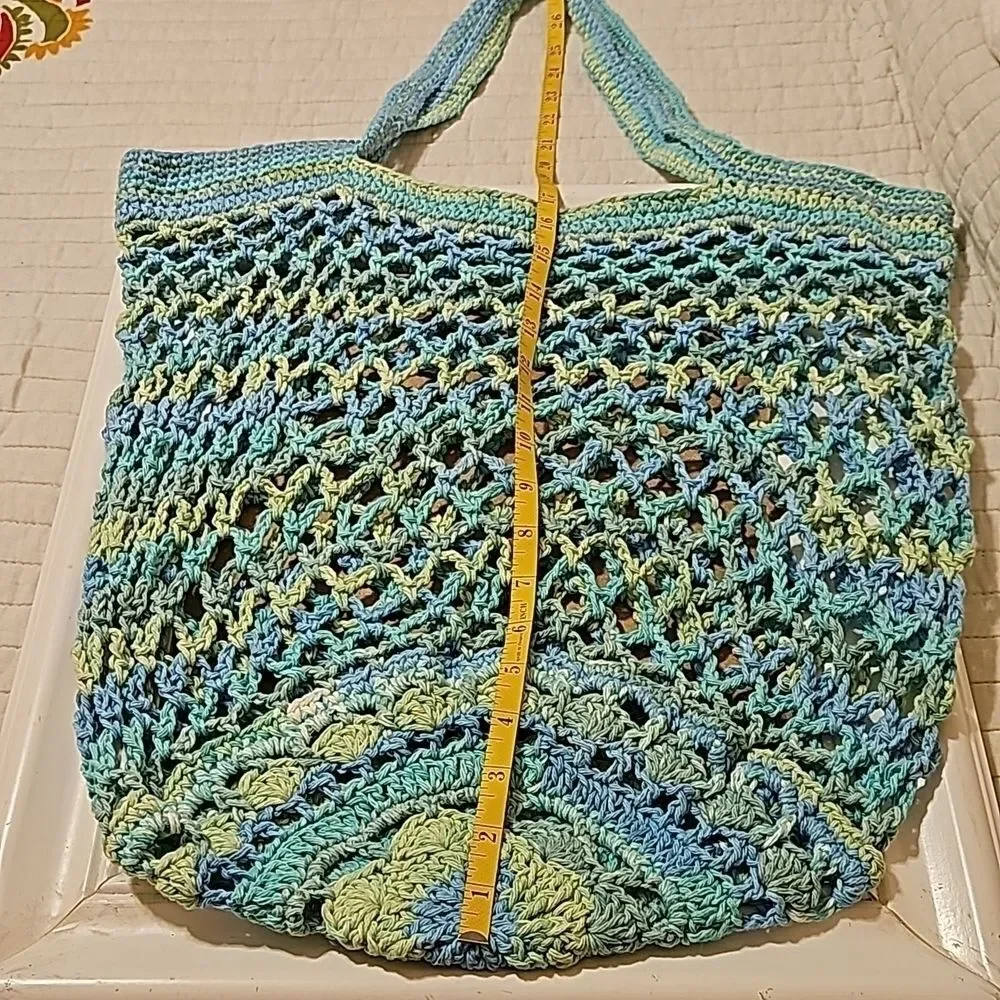 Handcrafted Open Weave Beach Tote Bag Variegated Aqua Blue Market Basket